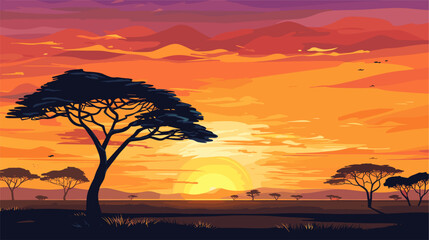 Abstract African landscape with acacia trees and a sunset sky.simple Vector Illustration art simple minimalist illustration creative