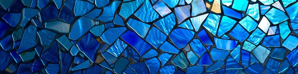 Blue glass stained glass wide background.