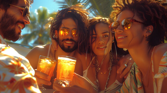 Multiracial group of happy friends having fun while toasting with beer in a bar.