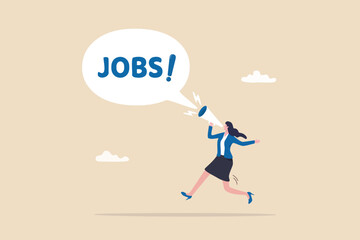 Job advertising or vacancy announcement, human resources recruitment, job communicate or hiring opportunity, career development seeker or employment concept, businesswoman announce jobs on megaphone.