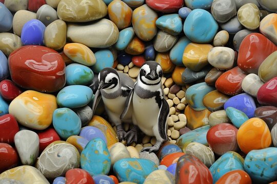 a pair of baby penguins surrounded by colorful pebbles