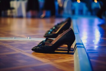 a row of ballroom shoes placed at the edge of the dance floor