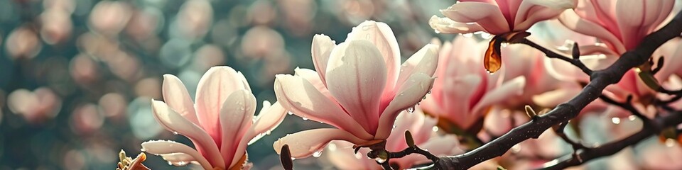 A symphony of peach and pink magnolia blossoms, with dew clinging to their soft, velvety petals