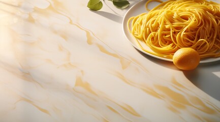 a plate of spaghetti on a marble table