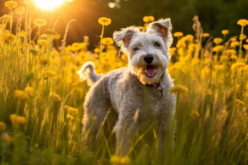 Pumi dog standing in meadow field surrounded by vibrant wildflowers and grass on sunny day ai generated