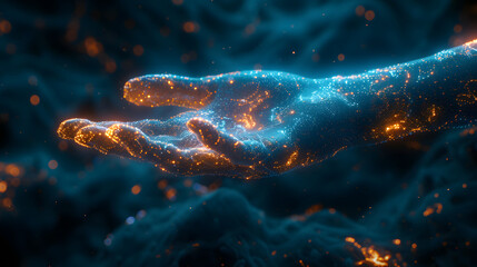 Hand with Sparkling Light, Symbolizing Digital Innovation and Abstract Creativity in Cyberspace. Futuristic Technology ,Future Energy, and Creative Power in Modern Age Concept.