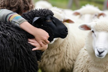 person hugging black sheep, ignored by white herd - obrazy, fototapety, plakaty