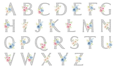 Alphabet, letters with watercolor flowers and leaf hand painting. Floral monogram initials perfectly for wedding invitation, greeting card, logo, poster and other design.