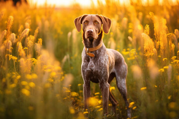 Pointer dog standing in meadow field surrounded by vibrant wildflowers and grass on sunny day ai generated