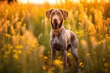 Papier Peint photo Prairie, marais Pointer dog standing in meadow field surrounded by vibrant wildflowers and grass on sunny day ai generated
