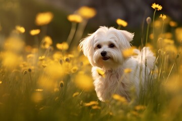 Maltese dog standing in meadow field surrounded by vibrant wildflowers and grass on sunny day ai generated