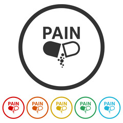 Pain pill icon on white background. Set icons in color circle buttons