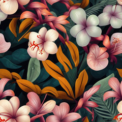 Tropical floral background. Seamless Pattern with exotic flowers and tropical plants.