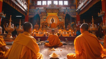 A Buddhist puja, a worship ritual .  It is a devotional practice where Buddhists express their gratitude to the Buddha and reverence for his teachings. - obrazy, fototapety, plakaty
