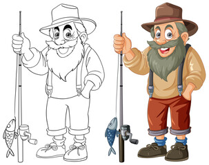 Cartoon fisherman showing off his fishing rod and catch.