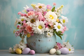 A pastel Easter arrangement featuring a mix of spring flowers and colored eggs against a light pastel backdrop