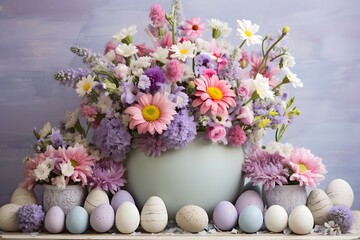 A pastel Easter arrangement featuring a mix of spring flowers and colored eggs against a light pastel backdrop