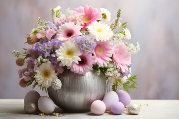 A pastel Easter arrangement featuring a mix of spring flowers and colored eggs against a light pastel backdrop