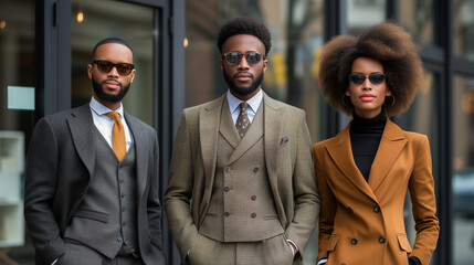 Fashionable group of black diverse professionals in colorful business attire.  - obrazy, fototapety, plakaty