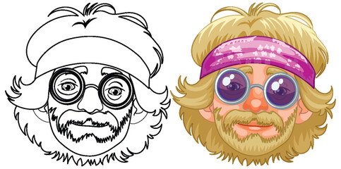 Two versions of a man, line art and colored.