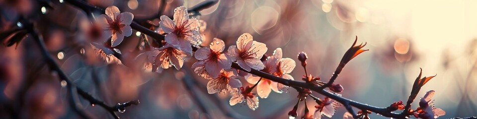 A dewy morning scene with cherry blossoms in soft focus, creating a dreamlike ambiance in the garden
