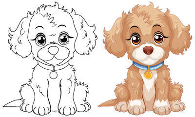 Vector illustration of a puppy, black and white to color