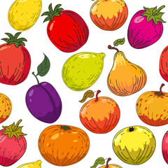 Seamless pattern colorful bright fruits. Hand drawing sketch fruits