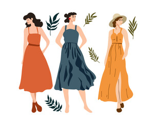 Set of beautiful elegant women in colorful midi dresses