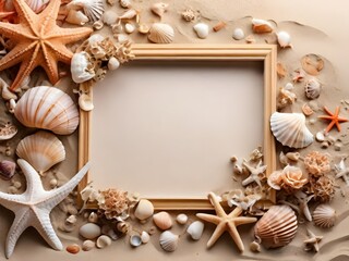 Obraz premium Seashell and Starfish Beach Frame amidst Sandy Shores, representing nature, tourism, marine life, and relaxation on a sunny day