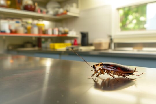 cockroach on a stainless steel countertop with blurred kitchen shelves behind