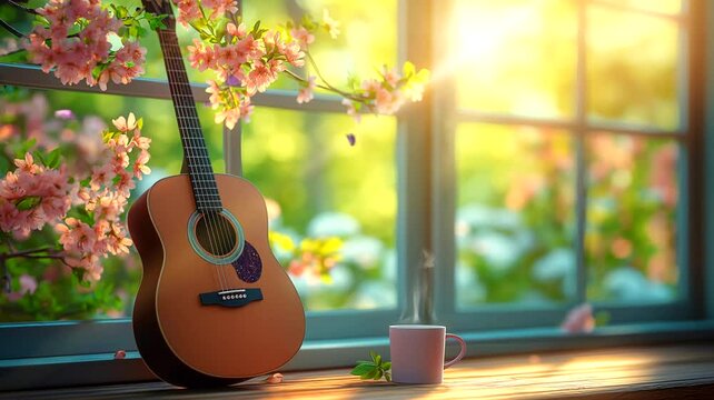 Acoustic guitar with coffee cup in morning. Seamless looping time-lapse 4k video animation background
