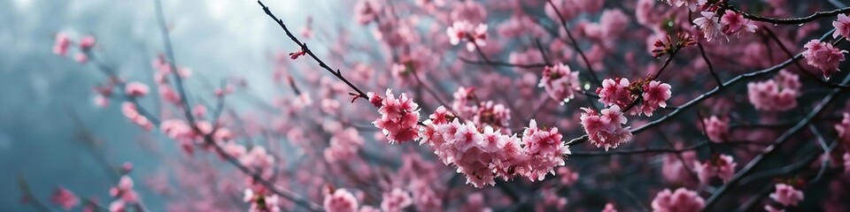 A dewy morning scene with cherry blossoms in soft focus, creating a dreamlike ambiance in the garden - obrazy, fototapety, plakaty