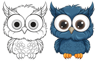 Two stylized owls, one colored and one outlined.