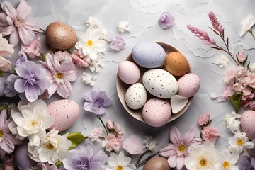 Fototapeta premium A pastel Easter arrangement featuring a mix of spring flowers and colored eggs against a light pastel backdrop