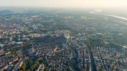 Strasbourg, France. Panoramic view of administrative buildings. Houses of Parliament. Summer morning, Aerial View