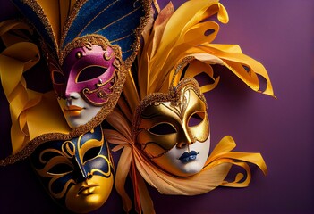 Colorful group of Mardi Gras or venetian mask on yellow. Generative AI