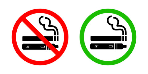 No smoking no vaping and smoking area sign set. Forbidden sign icon isolated on white background vector illustration. Cigarette, vape in prohibition circle and green allowed area.