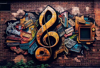 Music collage on a large brick wall, graffiti. Generative AI