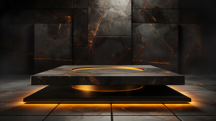Geometric Black Podium with Golden Line and Luxury Design. Dark Platform Strange for expensive products presentation. 