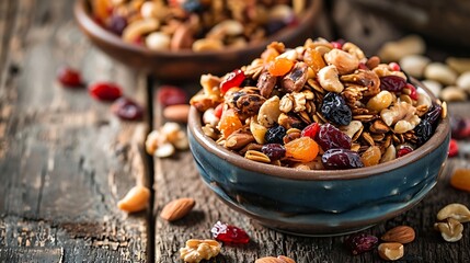 Bowl with a mixture of dried fruit and nuts on an old kitchen table - obrazy, fototapety, plakaty