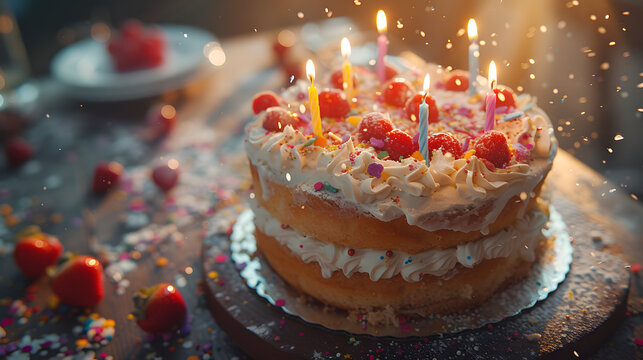 Celebration birthday cake with colorful sprinkles and twenty one colorful birthday candles