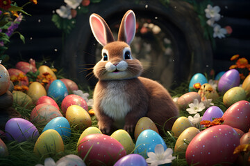 Fototapeta na wymiar A rabbit surrounded by colorful Easter eggs and spring flowers