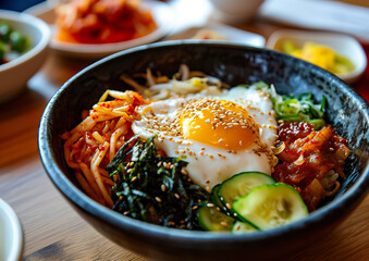 Bibimbap close-up, Korean cuisine, angle view, ultra realistic food photography