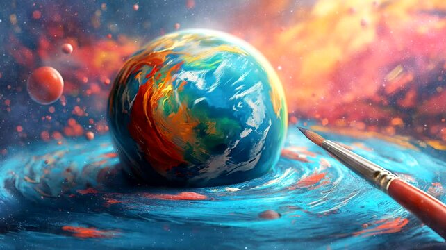 Globe earth coloring with brush paint watercolor. World art day theme. Seamless looping time-lapse 4k video animation background