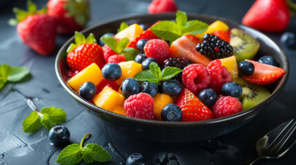 A vibrant bowl of mixed fruit salad, featuring strawberries, blueberries, raspberries, blackberries, kiwi, and mango, garnished with fresh mint leaves.