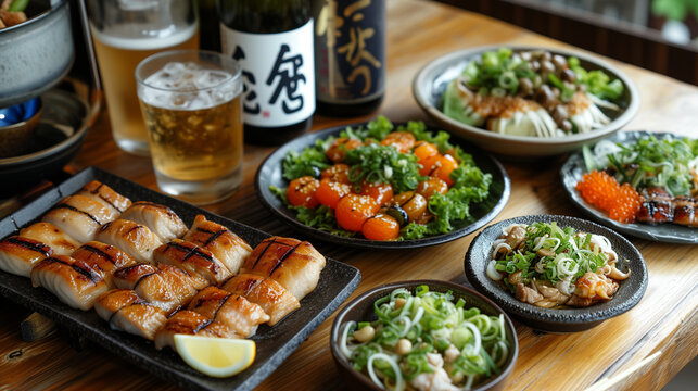 Izakaya Japanese appetizers setup on a  table with drinks.
