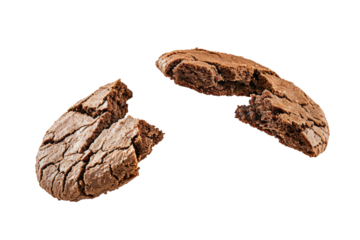 Cookies chocolate falling with choc flake in the air isolated on transparent background, dessert sweet concept, piece of dark biscuit.