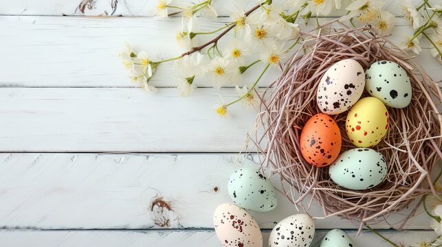 Easter eggs in a nest on a wooden light background, top view