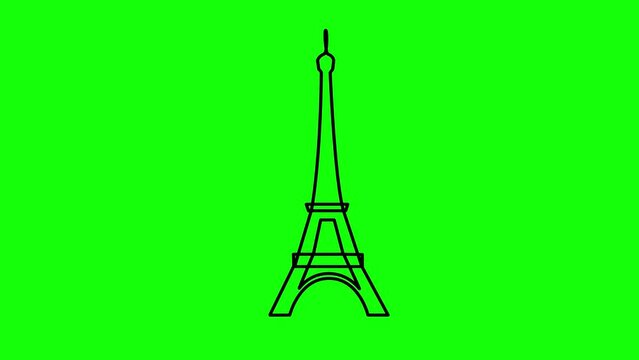 Animated black Eiffel Tower is drawn. Linear symbol of France. Looped video. Concept of Paris, trip, travel, construction, journey. Line vector illustration isolated on green background.
