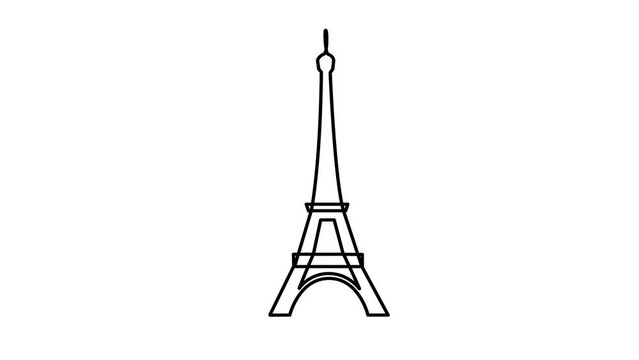 Animated black Eiffel Tower is drawn. Linear symbol of France. Looped video. Concept of Paris, trip, travel, construction, journey. Line vector illustration isolated on white background.
